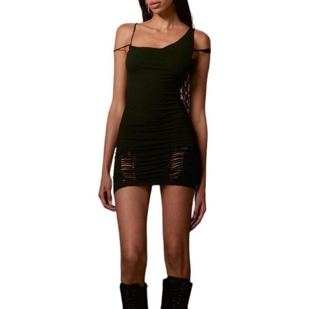 I.AM.GIA NEW Black Indie Mini Dress Goth Edgy Emo Raw Hem Bamboo grunge Large